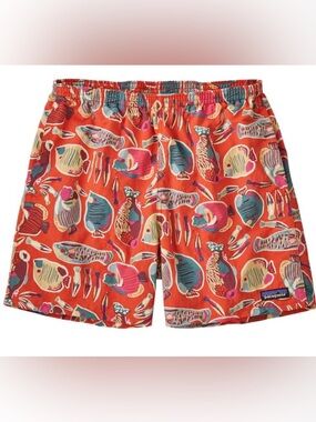 Patagonia Coral Red Swim Shorts with Multicolor Fish Print